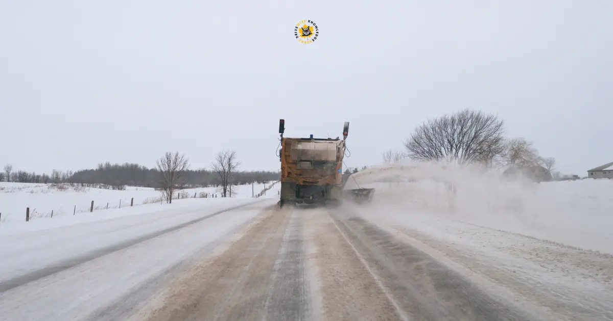 Snowplow clears a snow covered rural road A snowplow clears and salts a snow-covered rural road in winter, creating a mist of snow and salt behind it. Leafless trees and fences line the road; the sky is overcast. The precision displayed reflects operator skill development, underscoring the importance of experienced snow plow operators in ensuring winter driving safety.
