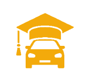 Yellow car icon with a graduation cap on top, symbolizing education or achievement in driving or automobiles, set against a black background.