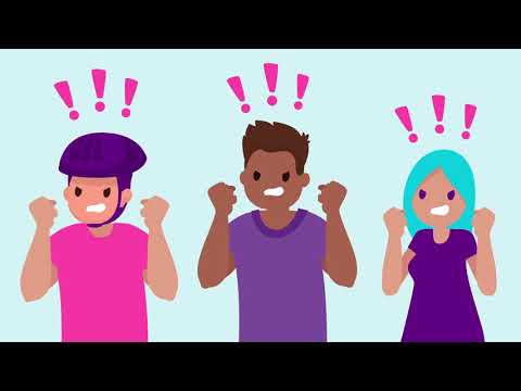 Three animated characters cheer with raised fists. The left character wears a purple helmet, the middle one has short brown hair, and the right one has long blue hair. Pink exclamation marks are above their heads, indicating excitement.