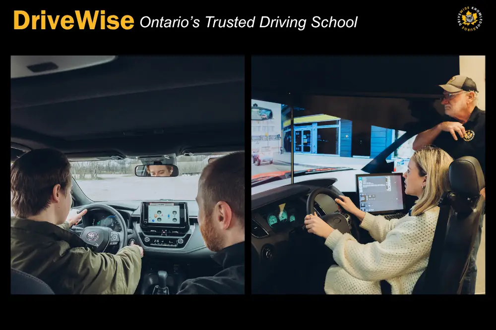 Split image: On the left, an instructor and student sit in a car with a tablet. On the right, a student uses a driving simulator while an instructor stands beside her. Text reads: “Best driving school in Burlington—trusted driver training. Split image: On the left, an instructor and student sit in a car with a tablet. On the right, a student uses a driving simulator while an instructor stands beside her. Text reads: "Best driving school in Burlington—trusted driver training.