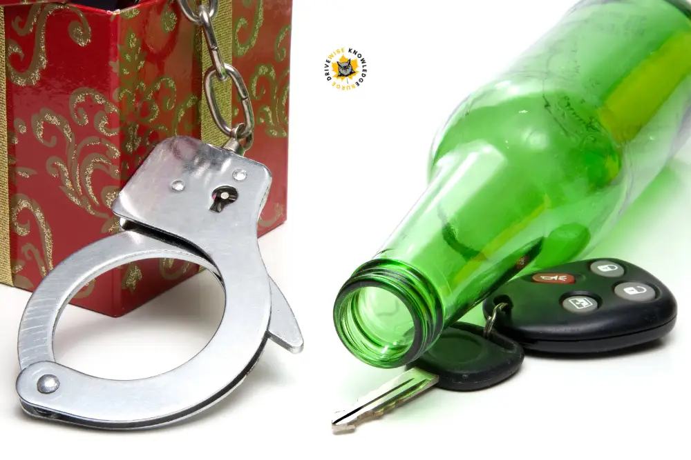 Handcuffs beside a wrapped gift box and a green glass bottle lying next to car keys, highlighting Canada impaired driving and the serious legal consequences tied to impaired driving during festive occasions.