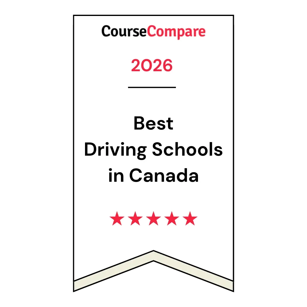 A white banner with the text "CourseCompare 2026 Best Driving Schools in Canada" above five red stars, signifying a rating or award.